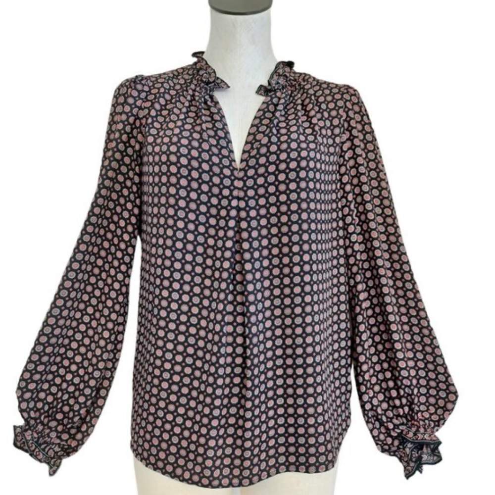 Max Studio Black Print Long Sleeve V Neck Popover Top - Picture 4 of 6